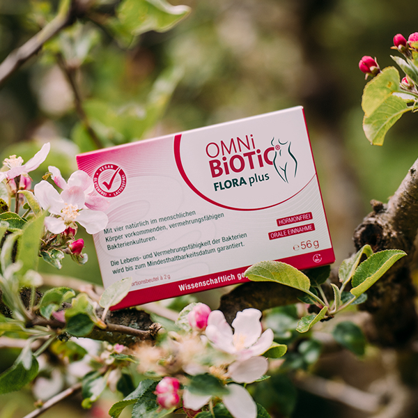 Eine Packung von OMNI BiOTiC FLORA plus im Baum mit Blüten