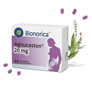 Mönchspfeffer-Präparat von Bionorica (Packung mit Pflanze und kleinen lila Hervorhebungs-Strichen auf weißem Hintergrund)